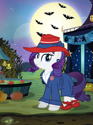 Size: 743x1000 | Tagged: safe, artist:pixelkitties, rarity, bat, g4, badge, captain america, clothes, costume, female, full moon, hat, marvel, marvel cinematic universe, moon, night sky, nightmare night, peggy carter, solo, stars