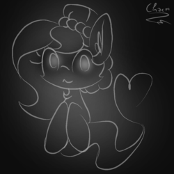 Size: 1000x1000 | Tagged: safe, artist:chacri, oc, oc only, oc:brownie bun, earth pony, ghost, pony, black background, ear fluff, female, glowing, glowing eyes, grayscale, heart, mare, monochrome, signature, simple background, solo