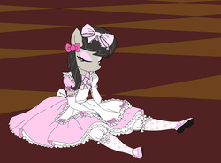 Size: 3000x2206 | Tagged: safe, artist:avchonline, octavia melody, earth pony, anthro, g4, alice in wonderland, bloomers, bow, clothes, cookie, dress, eyes closed, eyeshadow, female, frilly dress, gloves, hair bow, high res, lace, makeup, mary janes, pinafore, puffy sleeves, ruffles, solo, sweet lolita