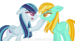 Size: 600x326 | Tagged: safe, artist:snowfrill, lightning dust, sonata dusk, g4, alternate hairstyle, bedroom eyes, crack shipping, female, floppy ears, lesbian, ponified, shipping, sonatadust, watermark