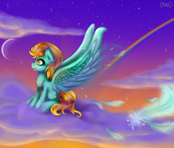 Size: 2000x1700 | Tagged: safe, artist:thetarkaana, lightning dust, g4, cloud, cloudy, feather, female, moon, night sky, rainbow, solo