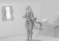 Size: 1000x705 | Tagged: dead source, safe, artist:sirmasterdufel, part of a set, mayor mare, earth pony, anthro, plantigrade anthro, g4, big breasts, breasts, desk, female, monochrome, office, solo