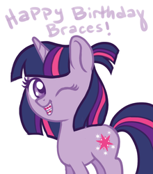 Size: 852x970 | Tagged: safe, artist:mcponyponypony, twilight sparkle, g4, alternate hairstyle, braces, female, happy birthday, simple background, solo, white background