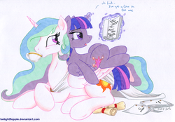 Size: 1294x900 | Tagged: safe, artist:foxxy-arts, princess celestia, twilight sparkle, alicorn, pony, g4, season 5, female, mare, script, tea, twilight sparkle (alicorn)