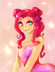 Size: 1789x2345 | Tagged: safe, artist:my-magic-dream, pinkie pie, human, g4, alternate hairstyle, bare shoulders, beautiful, clothes, cute, diapinkes, dress, female, human coloration, humanized, light skin, looking at you, solo, starry eyes, stars, wingding eyes