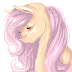 Size: 3000x3000 | Tagged: safe, artist:kittysplasher, fluttershy, pony, g4, bust, eyes closed, female, high res, looking down, mare, portrait, simple background, solo, three quarter view