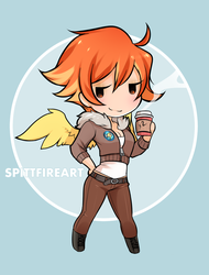 Size: 758x1000 | Tagged: safe, artist:spittfireart, spitfire, human, g4, bedroom eyes, breasts, chibi, cleavage, coffee, cute, female, humanized, smiling, solo