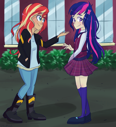 Size: 2200x2400 | Tagged: safe, artist:silbersternenlicht, sci-twi, sunset shimmer, twilight sparkle, equestria girls, g4, duo, high res, humanized