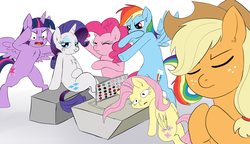 Size: 2446x1411 | Tagged: safe, artist:pumpkin-paw, applejack, fluttershy, pinkie pie, rainbow dash, rarity, twilight sparkle, alicorn, earth pony, pegasus, pony, unicorn, g4, bipedal, chest fluff, connect four, draw the squad, eyes closed, female, freckles, game, mane six, mare, praying, twilight sparkle (alicorn)