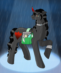 Size: 6554x7806 | Tagged: safe, artist:pixel-spark, king sombra, pony, unicorn, fanfic:from darkness to light, g4, absurd resolution, bag, bandage, collar, dark magic, magic, male, paper, rain, sad, saddle bag, scissors, shipping tag, solo, sombra eyes, sombra's cutie mark, tweezers, vial, wet