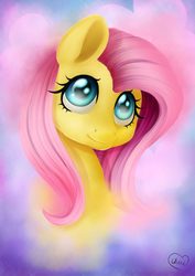Size: 1024x1448 | Tagged: safe, artist:chinri-chi, fluttershy, pony, g4, abstract background, bust, colored pupils, female, looking at you, mare, portrait, smiling, solo, three quarter view