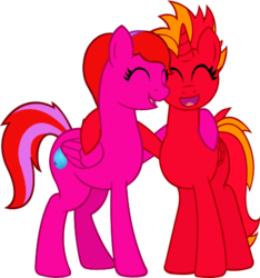 Size: 413x441 | Tagged: safe, artist:thecheri, oc, oc only, oc:fast feather, oc:firemaker, alicorn, pegasus, pony, alicorn oc, eyes closed, female, friends, hug, mare, open mouth, raised hoof, simple background, smiling, transparent background