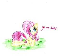 Size: 4609x4297 | Tagged: safe, artist:smartypurple, fluttershy, g4, absurd resolution, female, grass, hair over one eye, heart, hello, looking away, looking up, lying down, raised hoof, solo, traditional art