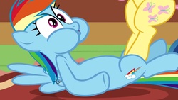 Size: 1280x720 | Tagged: safe, edit, edited screencap, screencap, fluttershy, rainbow dash, pegasus, pony, dragon quest, g4, abuse, cunt punt, dashabuse, faic, female, groin attack, mare, out of context
