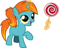Size: 3989x3258 | Tagged: safe, artist:outlawedtofu, oc, oc only, oc:swift note, pony, unicorn, candy, cute, female, filly, freckles, happy, high res, lollipop, looking up, magic, ocbetes, open mouth, ponytail, raised hoof, simple background, smiling, solo, telekinesis, transparent background, vector