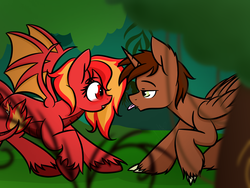 Size: 1600x1200 | Tagged: safe, artist:bluerainbow01, oc, oc only, oc:courageous heart, oc:firemaker, alicorn, dracony, hybrid, pony, werewolf, alicorn oc, blushing, female, fireous, forest, male, oc x oc, shipping, straight, tongue out