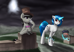 Size: 3720x2640 | Tagged: artist needed, safe, artist:mlp-octascratch, dj pon-3, octavia melody, vinyl scratch, earth pony, pony, robot, unicorn, g4, binoculars, bowtie, crossover, cup, cutie mark, drink, duo, female, glowing horn, gun, hat, high res, hooves, horn, levitation, magic, mare, moustache, pipe, revolver, sir you are being hunted, smiling, tea, teacup, teeth, telekinesis, top hat, wall, weapon
