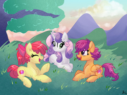 Size: 1024x768 | Tagged: safe, artist:dreamscapevalley, apple bloom, scootaloo, sweetie belle, earth pony, pegasus, pony, unicorn, g4, apple bloom's bow, bow, cutie mark, cutie mark crusaders, female, hair bow, looking at each other, lying down, mare, older, older apple bloom, older cmc, older scootaloo, older sweetie belle, prone, teenage apple bloom, teenage scootaloo, teenage sweetie belle, teenager, the cmc's cutie marks