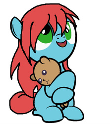 Size: 800x900 | Tagged: safe, artist:dreadful-etiquette, artist:iamadinosaurrarrr, artist:steelsoul, oc, oc only, oc:ruby soul, earth pony, pony, base used, cute, female, filly, hug, looking up, offspring, open mouth, parent:oc:steel soul, parent:oc:swift gale, parents:oc x oc, simple background, sitting, smiling, solo, teddy bear, white background