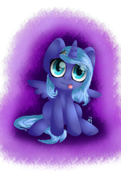 Size: 2480x3496 | Tagged: safe, artist:moon-wing, princess luna, g4, female, filly, high res, looking at you, simple background, sitting, solo, spread wings, tongue out, transparent background, woona