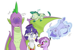 Size: 1024x683 | Tagged: safe, artist:craftedfun3, rarity, spike, oc, oc:crystal clarity, oc:lavender, oc:turquoise blitz, dracony, hybrid, kilalaverse, g4, alternate hairstyle, brushie, exclamation point, female, fire ruby, floppy ears, horn, horn ring, interdimensional siblings, interspecies offspring, levitation, magic, makeover, male, mouth hold, offspring, older, older spike, parent:rarity, parent:spike, parents:sparity, self-levitation, ship:sparity, shipping, simple background, straight, telekinesis, white background, wings