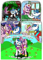 Size: 1024x1412 | Tagged: safe, artist:jakrat-rosemberd, princess cadance, shining armor, alicorn, changeling, pony, unicorn, g4, clothes, comic, female, hat, holding hooves, kissing, lyrics, magic, male, nurse hat, ship:shiningcadance, shipping, sick, singing, straight, telekinesis, uniform