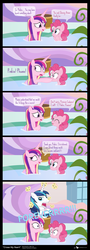 Size: 1000x2780 | Tagged: safe, artist:dm29, pinkie pie, princess cadance, shining armor, alicorn, pony, unicorn, g4, green isn't your color, the one where pinkie pie knows, comic, faic, female, forever, frown, glare, male, mare, nervous, open mouth, pinkie promise, puffy cheeks, role reversal, smiling, stallion, the tables have turned, wide eyes