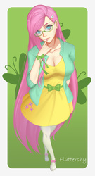 Size: 1896x3508 | Tagged: safe, artist:>ivi<, fluttershy, human, g4, clothes, cute, dress, female, glasses, humanized, looking at you, nail polish, pixiv, solo, sweater, sweatershy