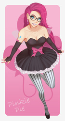 Size: 1896x3508 | Tagged: safe, artist:>ivi<, pinkie pie, human, g4, armpits, cleavage, clothes, dress, female, glasses, humanized, looking at you, nail polish, pinkamena diane pie, pixiv, smiling, solo