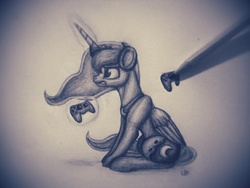 Size: 1024x768 | Tagged: safe, artist:lupiarts, princess luna, gamer luna, g4, controller, female, headphones, monochrome, pencil, pencil drawing, solo, traditional art