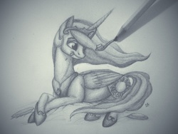 Size: 3200x2400 | Tagged: safe, artist:lupiarts, princess celestia, g4, cake, cakelestia, female, high res, monochrome, pencil, pencil drawing, solo, spoon, tongue out, traditional art