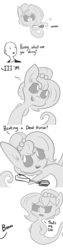 Size: 806x3224 | Tagged: safe, artist:tjpones, oc, oc only, oc:brownie bun, oc:richard, ghost, human, pony, horse wife, bad pun, beating a dead horse, black sclera, boo, cheek fluff, chest fluff, comic, dead, egg beater, floating, frown, glare, grimderp, hoof hold, monochrome, open mouth, pun, raised eyebrow, simple background, smiling, tumblr, visual pun, white background
