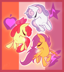 Size: 962x1084 | Tagged: safe, artist:lessanamidairo, apple bloom, scootaloo, sweetie belle, earth pony, pegasus, pony, unicorn, crusaders of the lost mark, g4, abstract background, apple bloom's bow, bow, cutie mark, cutie mark crusaders, cutiespark, eyes closed, female, filly, foal, hair bow, spread wings, the cmc's cutie marks, wings