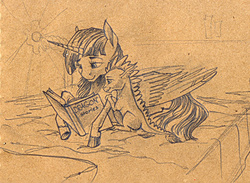 Size: 1024x749 | Tagged: safe, artist:skyaircobra, spike, twilight sparkle, alicorn, pony, g4, bed, book, female, mama twilight, mare, monochrome, traditional art, twilight sparkle (alicorn)