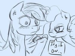Size: 925x692 | Tagged: safe, artist:post-it, pinkie pie, rainbow dash, g4, blushing, embarrassed, fake moustache, monochrome, mousdash, moustache, sketch, that is my fetish, wingboner