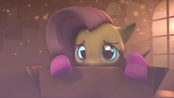Size: 1920x1080 | Tagged: safe, artist:star-lightstarbright, fluttershy, pony, g4, 3d, box, clothes, cute, female, flutterbox, glowing eyes, pony in a box, shyabetes, socks, solo, source filmmaker, striped socks, weapons-grade cute
