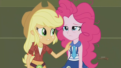 Size: 1440x805 | Tagged: safe, screencap, applejack, pinkie pie, equestria girls, g4, my little pony equestria girls: friendship games