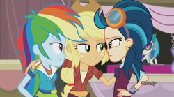 Size: 1440x803 | Tagged: safe, screencap, applejack, dj pon-3, indigo zap, rainbow dash, vinyl scratch, equestria girls, g4, my little pony equestria girls: friendship games, female