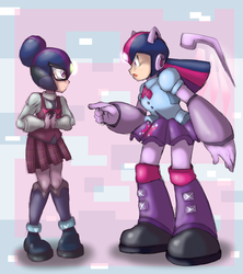 Size: 3200x3600 | Tagged: safe, artist:thegreatrouge, sci-twi, twilight sparkle, equestria girls, g4, my little pony equestria girls: friendship games, armor, capcom, clothes, crossover, crystal prep academy, crystal prep academy uniform, crystal prep shadowbolts, device, duo, glasses, high res, magic capture device, mega man (series), megaman x, megaman zero, open mouth, pleated skirt, pointing, scene interpretation, school uniform, skirt, twilight sparkle (alicorn)