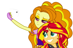 Size: 4564x2998 | Tagged: safe, artist:mit-boy, adagio dazzle, sunset shimmer, equestria girls, g4, cellphone, clothes, female, fingerless gloves, gloves, high res, leather jacket, lesbian, phone, selfie, ship:sunsagio, shipping, smartphone, smiling, when she smiles