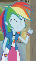 Size: 367x615 | Tagged: safe, screencap, rainbow dash, equestria girls, g4, my little pony equestria girls: friendship games, bracelet, cute, eyes closed, female, jewelry, lockers, reaction image, solo, thumbs up, wristband