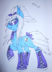 Size: 3328x4608 | Tagged: safe, artist:obscura-nigntmare, oc, oc only, oc:pencil, vampire, boots, bow, clothes, glasses, hair bow, scarf, tail bow
