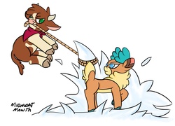 Size: 1024x739 | Tagged: safe, artist:midnightmeowth, arizona (tfh), velvet (tfh), cow, deer, reindeer, them's fightin' herds, bandana, cloven hooves, community related, female, lasso, simple background