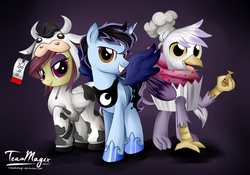 Size: 1024x717 | Tagged: safe, artist:teammagix, princess luna, oc, oc only, oc:blueprint sparks, oc:sinister twist, oc:talon, cow, griffon, candy, chef, clothes, costume, cupcake, looking at you, nightmare night, nightmare night costume, raised hoof, signature