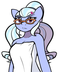 Size: 1870x2308 | Tagged: safe, artist:furrgroup, sugarcoat, earth pony, anthro, equestria girls, g4, my little pony equestria girls: friendship games, breasts, cleavage, equestria girls ponified, female, glasses, naked towel, ponified, simple background, solo, towel, white background