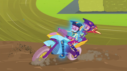 Size: 1280x720 | Tagged: safe, screencap, rainbow dash, sunset shimmer, equestria girls, g4, my little pony equestria girls: friendship games, aura, female, motorcross, motorcycle, riding in tandem