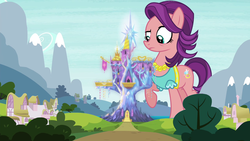 Size: 1280x720 | Tagged: safe, artist:90sigma, spoiled rich, earth pony, pony, g4, female, giant pony, giant/macro earth pony, giant/mega spoiled rich, giantess, macro, mare, ponyville, solo, twilight's castle