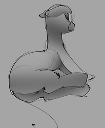 Size: 1280x1558 | Tagged: source needed, safe, artist:alumx, black and white, floppy ears, gray background, grayscale, incomplete, looking at you, looking back, looking back at you, lying down, monochrome, no mane, no tail, on side, rear view, shading, simple background, sketch, smiling, solo