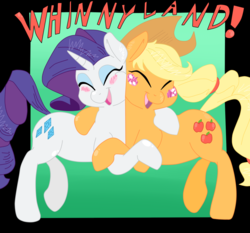 Size: 1000x933 | Tagged: safe, artist:krazykari, artist:sirmasterdufel, applejack, rarity, g4, blushing, colored, cute, disneyland, female, hug, jackabetes, lesbian, raribetes, ship:rarijack, shipping, squishy cheeks, whinnyland