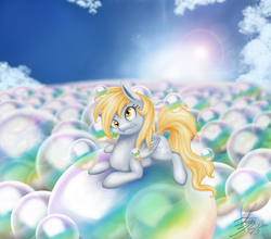 Size: 1024x902 | Tagged: safe, artist:eternalsubscriber, derpy hooves, pegasus, pony, g4, bubble, cute, derpabetes, female, lens flare, mare, sky, solo, that one nameless background pony we all know and love